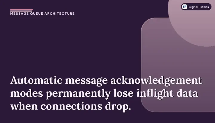 Message Queue Architecture: Automatic message acknowledgement modes permanently lose inflight data when connections drop.