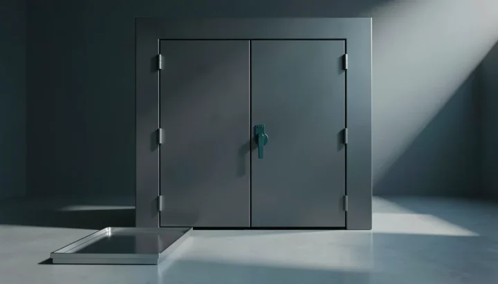 Redaktionelle Illustration einer schiefergrauen Metall-Tresortür mit einem einzelnen dunkel-türkisfarbenen Griff neben einer leeren silbernen Aluminiumschale auf einem Betonboden.