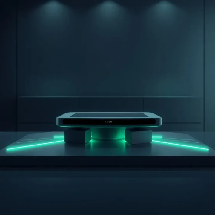 Editorial illustration featuring a sleek central charcoal gaming console emitting subtle emerald green beams toward metallic components on a smooth dark surface.