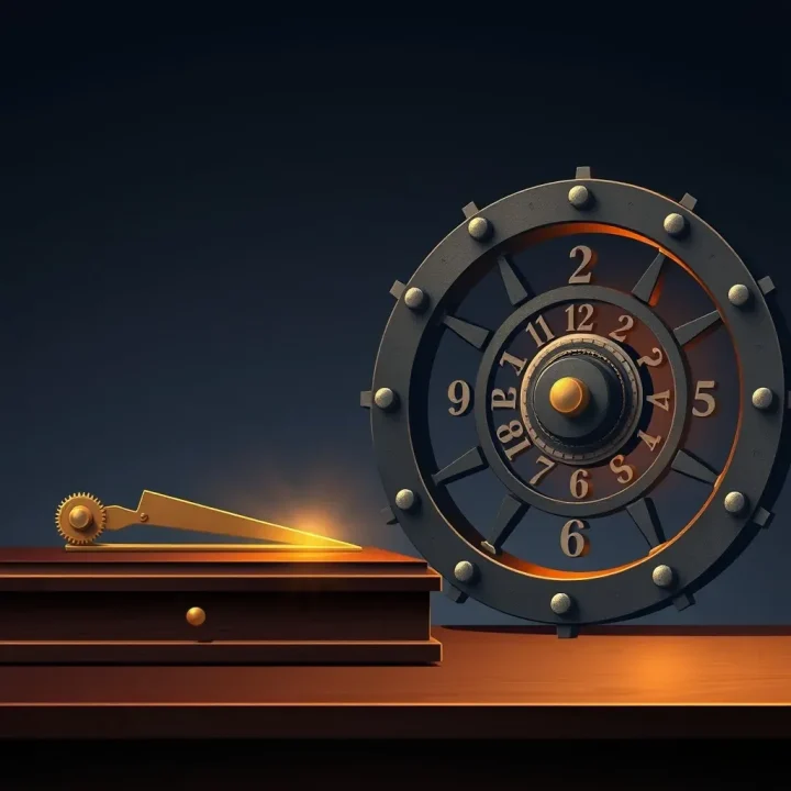 Eine dunkle metallische redaktionelle Illustration eines mechanischen Kalenderrads und eines Messwerkzeugs aus Messing auf einem Mahagonischreibtisch.