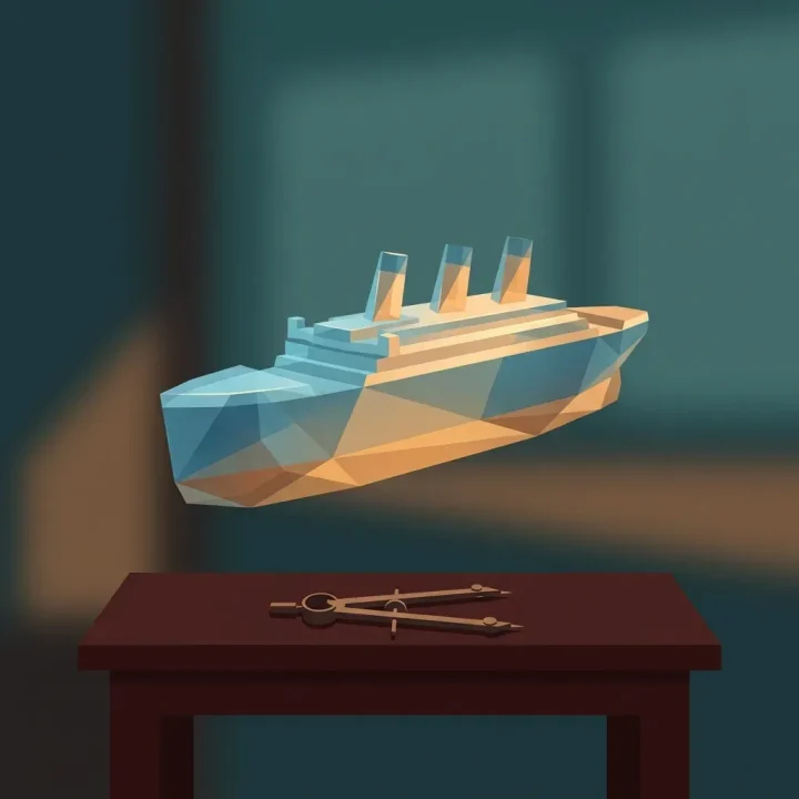 Um modelo luminoso e geométrico em acrílico de um transatlântico dos anos 1910 flutuando sobre uma bancada de desenho em mogno numa oficina aquecida por sombras em tom azul-petróleo.
