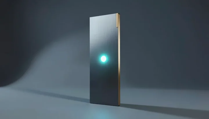 Editorial illustration of an ultra-thin metallic titanium phone chassis standing vertically with an illuminated inner battery core on a slate surface.