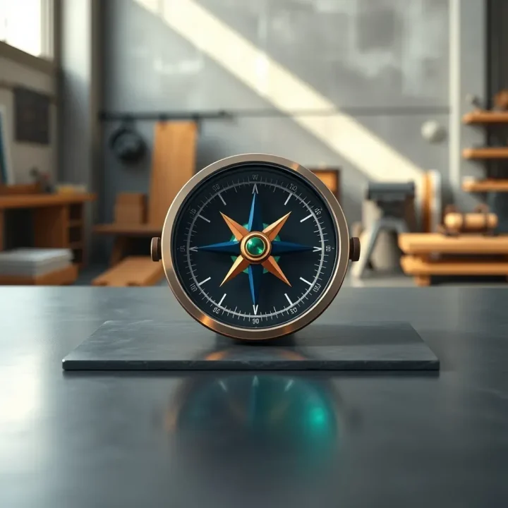 A dual-purpose mechanical compass made of steel and copper with glowing blue and green pointers resting on a polished slate tabletop.