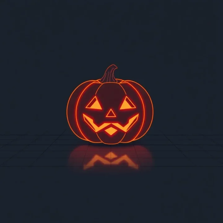 Una calabaza de Halloween geométrica de neón que brilla en color naranja sobre una superficie de cuadrícula digital oscura.