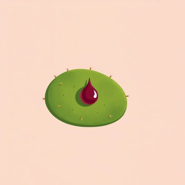 Conceptual illustration showing a single prickly pear cactus pad with a deep crimson dye droplet resting on its surface against a muted background.