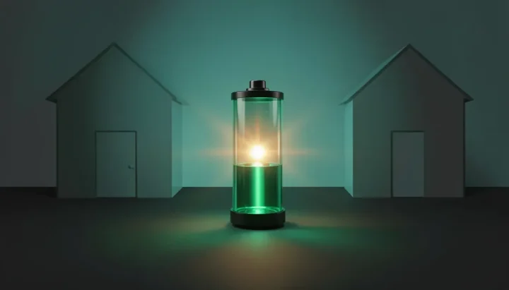 Eine leuchtend smaragdgrüne Kristall-Batterieeinheit befindet sich zentral auf einem dunklen Holzkohleboden mit minimalistischen tealfarbenen geometrischen Häusersilhouetten im Hintergrund.