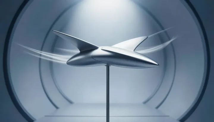 A sculpted metallic arrow-wing aircraft model mounted inside a wind tunnel test chamber under cool overhead illumination.