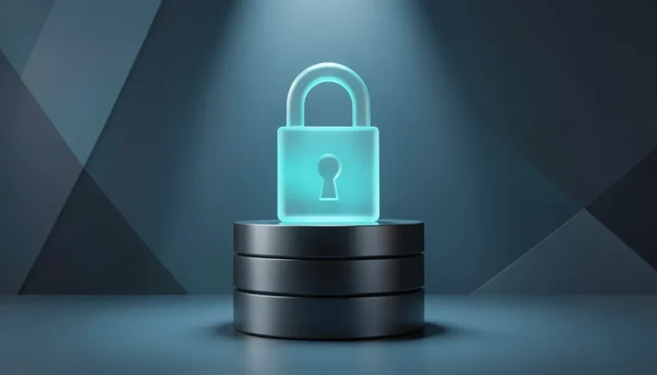Editorial illustration featuring a glowing cyan frosted glass padlock positioned securely atop a dark metallic database cylinder in a slate blue environment.