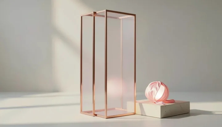 Um expositor geométrico estilizado de ouro rosa e vidro jateado ao lado de uma esfera brilhante coberta por seda rosa em um pedestal de pedra.