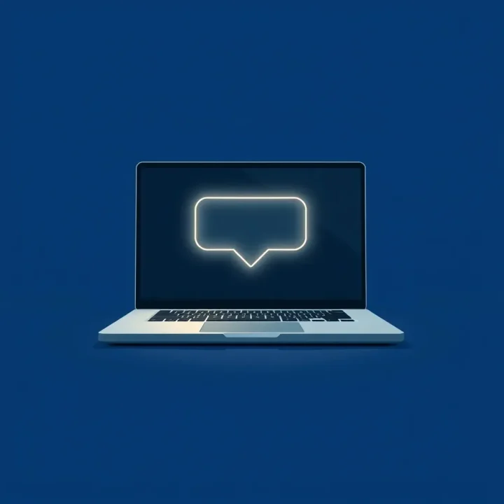 Minimalistische Illustration eines geöffneten Laptops mit leuchtenden abstrakten Benutzeroberflächen-Elementen eines Fantasy-Spiels auf dunkelblauem Hintergrund