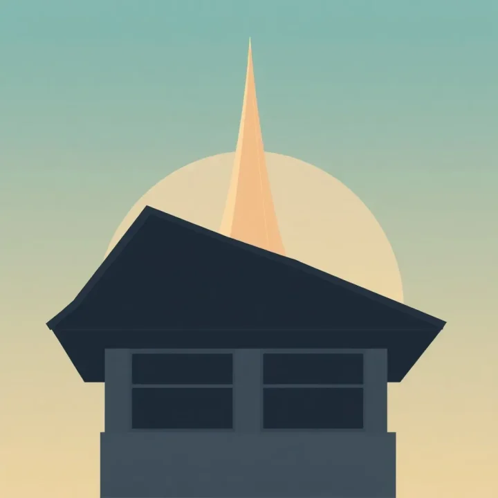 Ilustración minimalista de una aguja de tejado arquitectónica de pocos polígonos sobre un fondo de cielo con degradado suave.