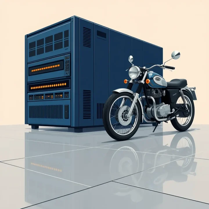 Un ordenador mainframe de mediados de siglo con luces ámbar estacionado junto a una brillante motocicleta plateada sobre un suelo de baldosas reflectantes.