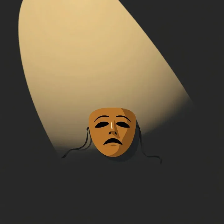 Un masque de théâtre en bois isolé sous un projecteur doux sur un fond sombre.