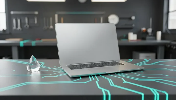 A metallic silver laptop resting on a dark workbench, connected to glowing teal circuit patterns flowing across the slate surface.