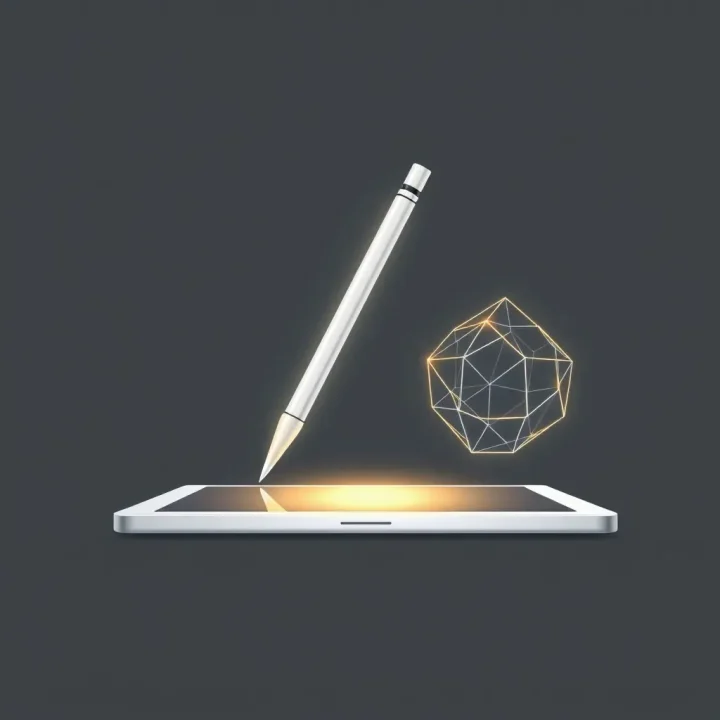 Illustration conceptuelle d'un stylet numérique créant un maillage géométrique 3D luminescent sur l'écran d'une tablette.
