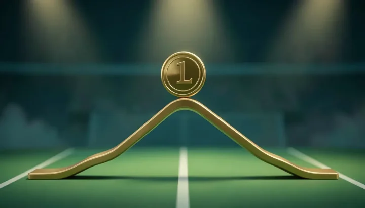 Ilustração editorial de uma moeda de latão polido no topo de uma ponte dourada em formato de curva de rendimento financeiro sobre um campo de estádio verde.