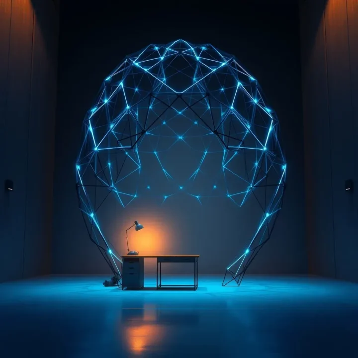 A large geometric glass and fiber-optic lattice sculpture illuminated in indigo and cyan in a dimly lit auditorium next to a small wooden study desk under an amber spotlight.