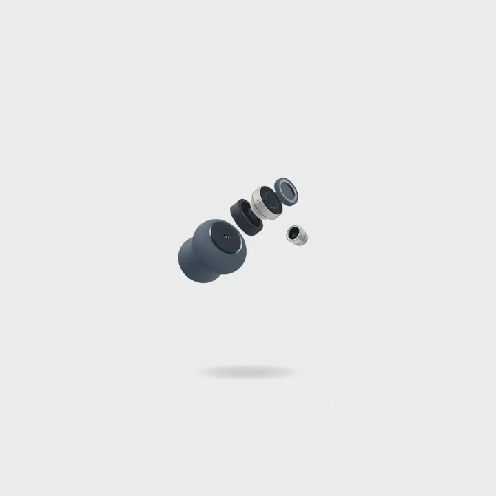 Modular wireless earbud disassembled into key components above a minimal grey surface