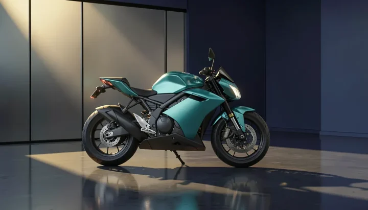 Ein elegantes, metallisch türkisblaues Elektro-Motorrad in einem modernen, schwach beleuchteten Showroom mit poliertem Betonboden und sanftem goldenen Licht.