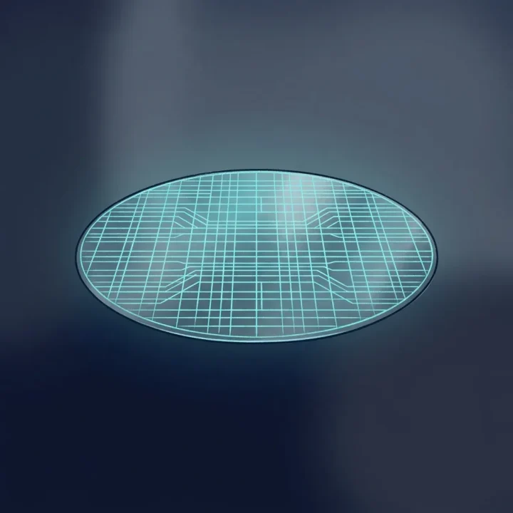 Ilustração editorial de um microchip de silício metálico com linhas de grade turquesa e uma esfera em microescala flutuante emitindo luz suave sobre um fundo azul-marinho.