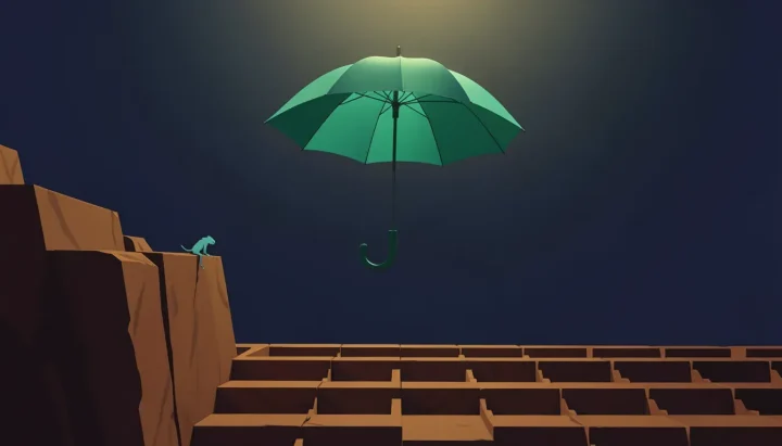 Uma ilustração digital estilizada de um guarda-chuva verde flutuando sobre terraços de solo marrom contra um fundo de cor índigo-escuro.