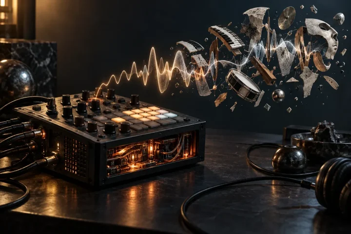 A compact sampler with tactile controls sends a wavering audio signal into fragmented, surreal musical forms on a dark studio table.