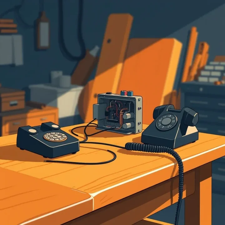 A handcrafted electronic circuit box with copper wiring sits beside a black vintage telephone receiver on a wooden workbench in a warm garage workshop.