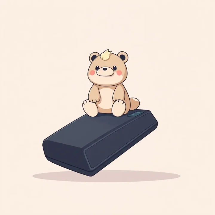 Illustration minimaliste d'une mascotte en peluche douce assise sur un appareil technologique élégant.