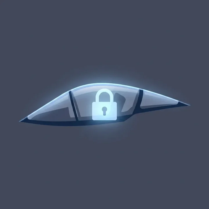 Das Cockpit eines Kampfflugzeugs mit einem leuchtenden Schloss-Symbol zur Darstellung des blockierten Online-Zugriffs unter Linux.
