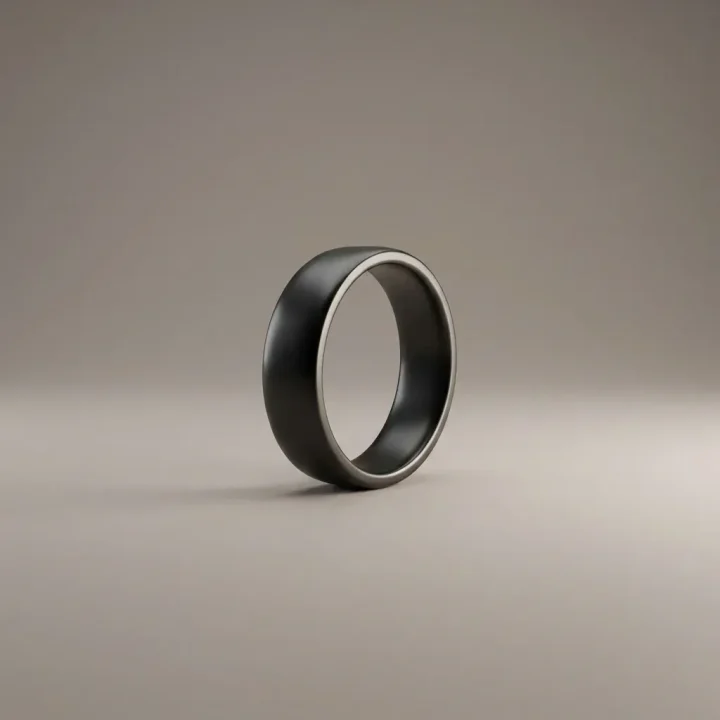 A simple studio illustration of a matte-black smart ring sitting on a smooth surface under soft highlights.