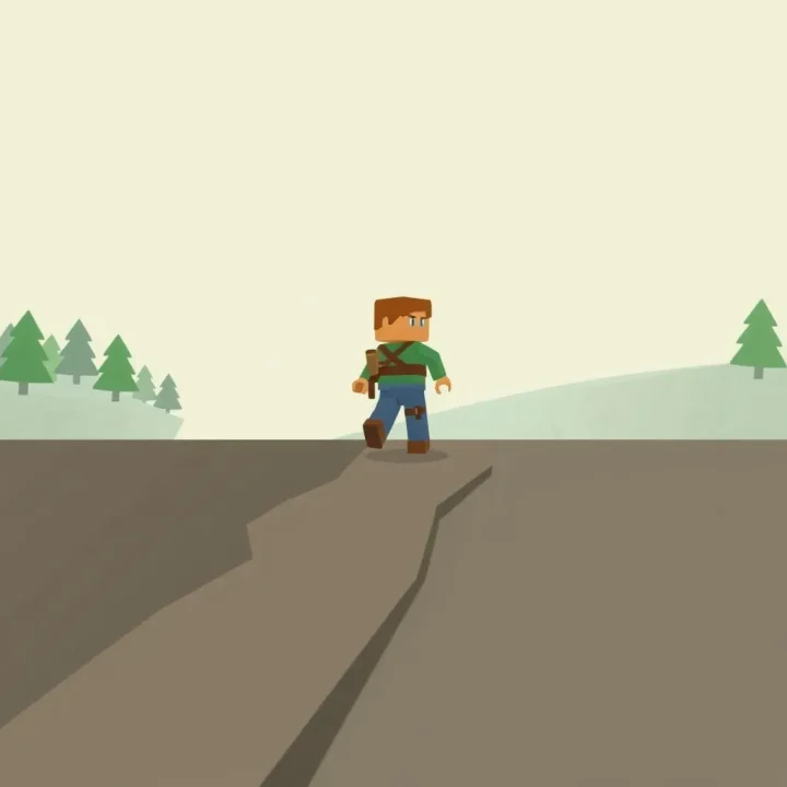 A block-built adventurer follows a path from green forest into muted muddy terrain.