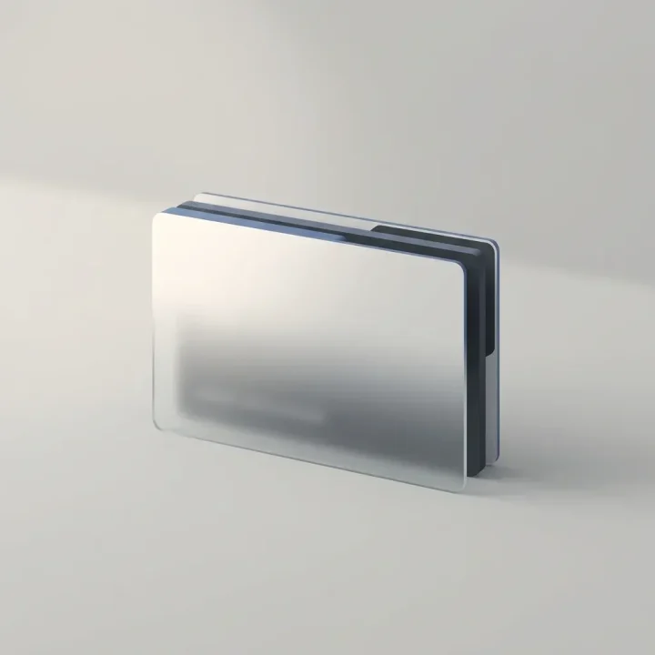 A minimalist layered rectangular card with an illuminated top edge and translucent glass lower half resting on a smooth neutral background.
