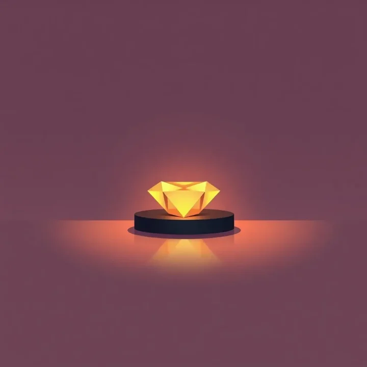 Une gemme numérique lumineuse posée sur une surface sombre et réfléchissante, entourée d'une douce lumière aux couleurs automnales.