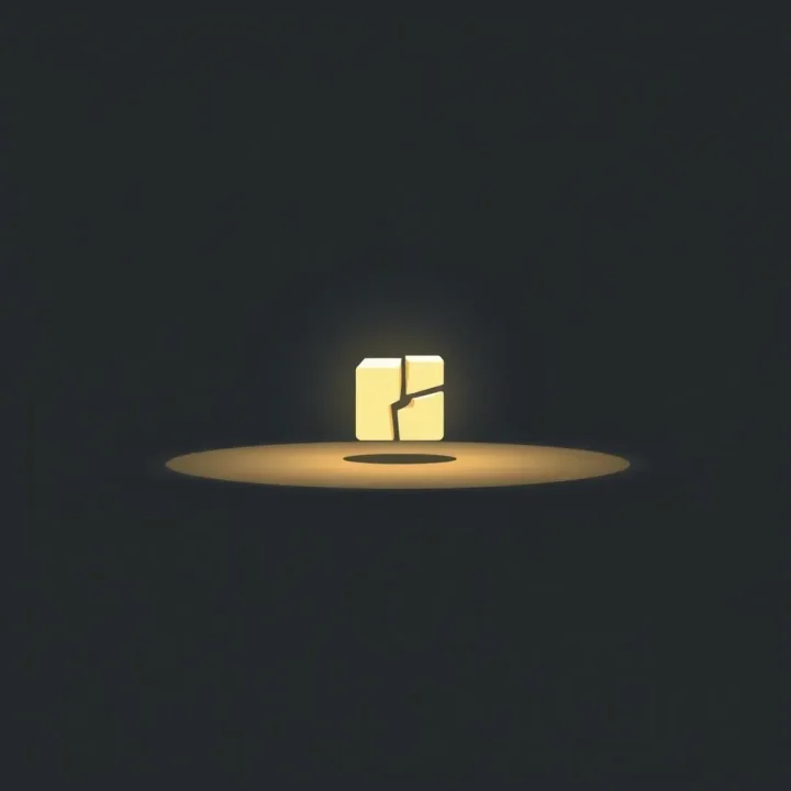 An abstract illustration of a solid geometric block seamlessly repairing itself against a dark gray background.