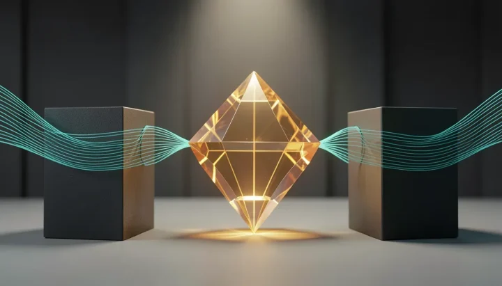 An editorial illustration depicting an interlocking glowing amber glass prism connecting two dark geometric blocks with soft teal fiber-optic strands.