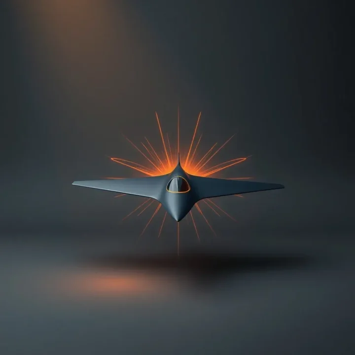 Un elegante modelo de aeronave supersónica en azul oscuro flotando frente a un patrón abstracto radiante de ondas de choque de color ámbar sobre un fondo de estudio gris pizarra.