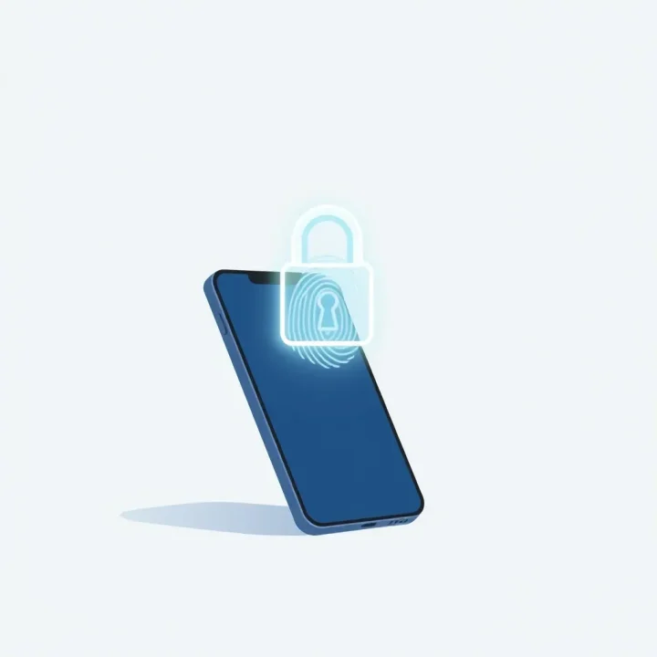 Illustration of a smartphone displaying a glowing fingerprint icon and a digital lock icon representing biometric security.
