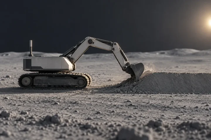 Uma escavadora lunar autônoma e compacta molda uma elevação suave de regolito cinza em perfil lateral, sob um horizonte lunar baixo.