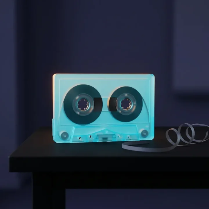 A glowing cyan frosted glass cassette tape resting on a matte black table with amber rim lighting.