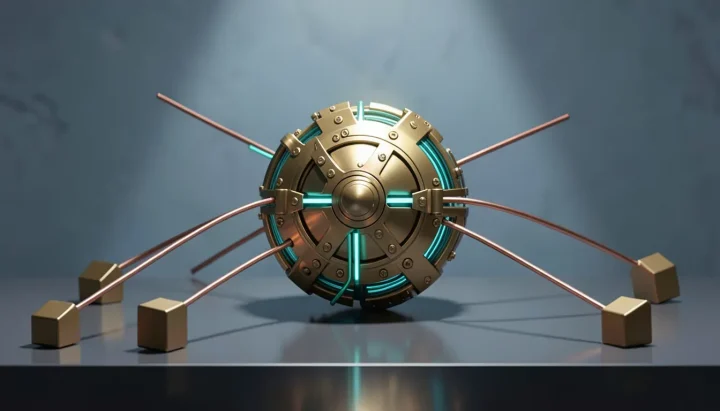 Ein zentraler mechanischer Messingknotenpunkt, der über Kupferstäbe mit kleineren Metallwürfeln auf einer dunklen Platte verbunden ist und vor Schieferwänden sanft von oben beleuchtet wird.