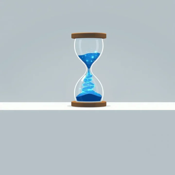 Uma ilustração horizontal minimalista de uma ampulheta preenchida com partículas de luz digital azul brilhante sobre uma mesa simples.