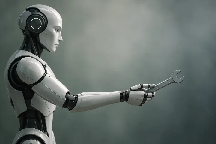 Redaktionelle Illustration eines humanoiden Roboters, der vor neutralem Hintergrund einer nicht sichtbaren Person einen Stahlschraubenschlüssel reicht.