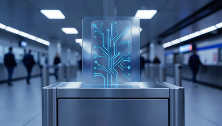 A glowing translucent digital identity card rests on a brushed metal turnstile in a futuristic transit terminal.