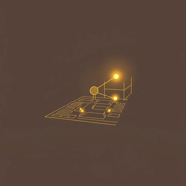Una ilustración editorial conceptual sencilla que muestra un nodo brillante conectado a un plano arquitectónico estilizado y minimalista en tonos oro y azul marino.
