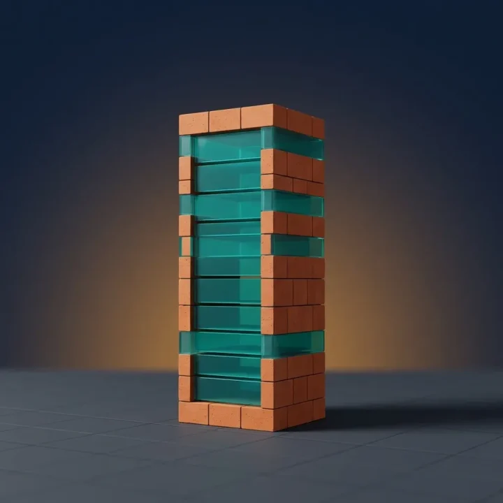 Editorial illustration featuring a server rack made of terracotta bricks and teal glass panels standing on a slate floor against a dark navy and amber gradient backdrop.