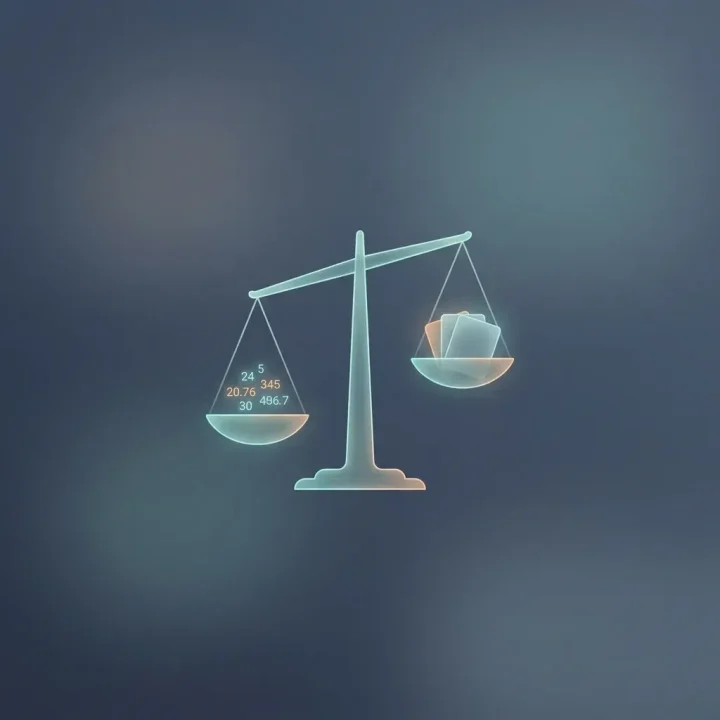 Une balance transparente et lumineuse comparant des points de données numériques à des cartes géométriques discrètes sur un fond sombre.
