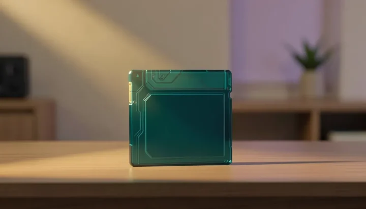 Eine transparente, teal-farbene Speicherkarte für eine Retro-Spielekonsole liegt unter warmem Licht auf einer Holzoberfläche.