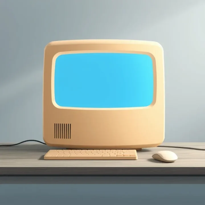 An editorial illustration featuring an early desktop computer terminal with a glowing blue screen alongside a pale cream computer mouse on a dark desk surface.