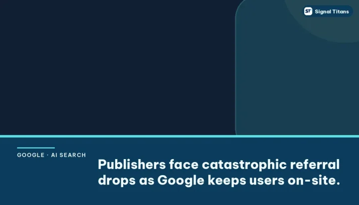 Google · AI Search · Publishing: Publishers face catastrophic referral drops as Google keeps users on-site.