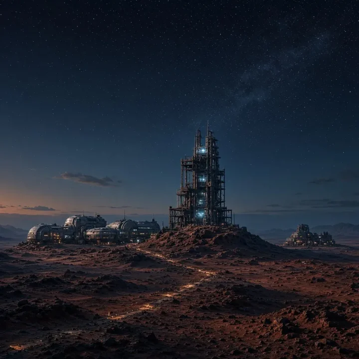 Ein isolierter Science-Fiction-Außenposten auf einem kargen fremden Planeten mit einer unfertigen Basis unter einem sternenreichen Himmel.